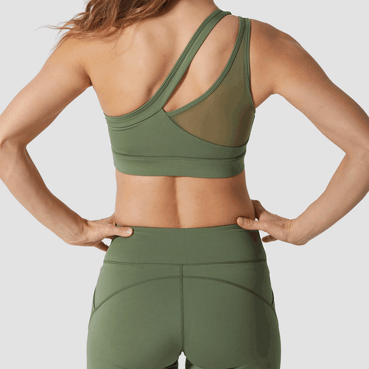 High Quality Ladies Custom Sexy Mesh Panel One Shoulder Women Sports Yoga Bra detail pictures