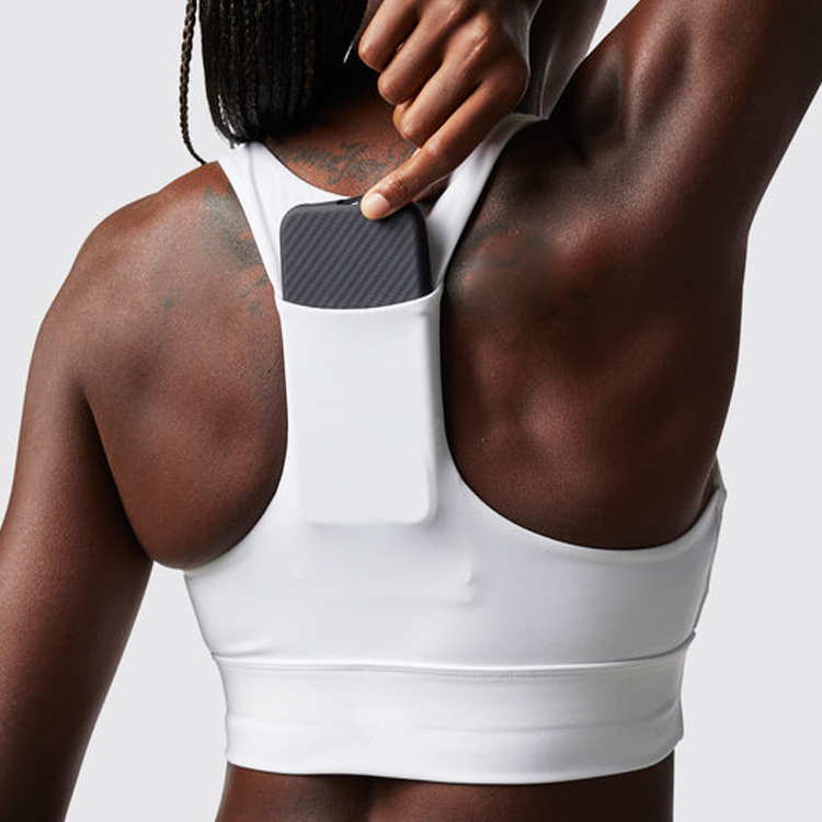 High Quality Back Phone Pocket Front Ruched Push Up Sports Yoga Bra For Women
