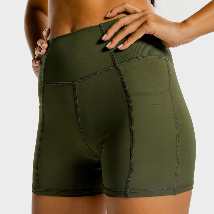OEM Logo Breathable Ribbed Waist Workout Women Sports Yoga Shorts With Side Pockets detail pictures