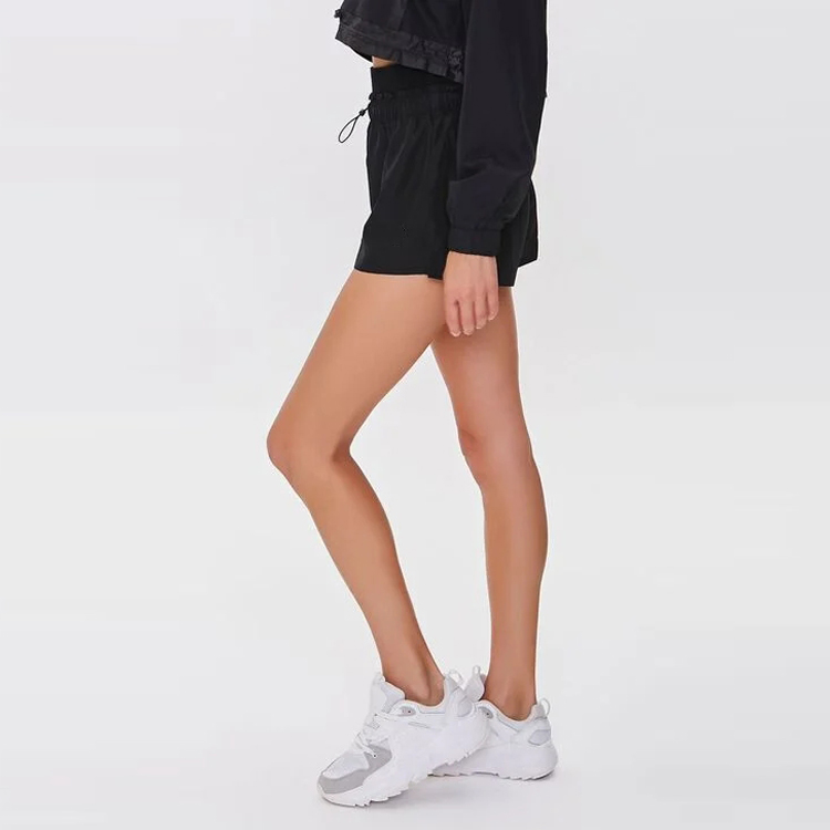 High Quality Quick Dry 100% Polyester Drawstring Waistband Gym Sports Shorts For Women detail pictures