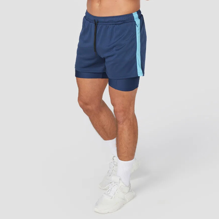 OEM Drawstring Waist Side Strip Fitness Athletic 2 In 1 Mesh Gym Shorts Custom Logo For Men detail pictures