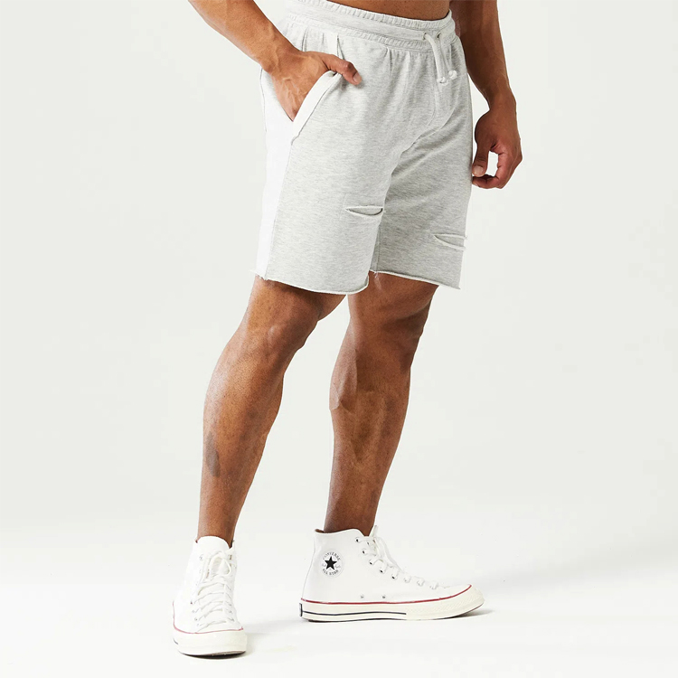 Wholesale French Terry Cotton Raw Edge Custom Men Fitness Workout Sweat Shorts detail pictures
