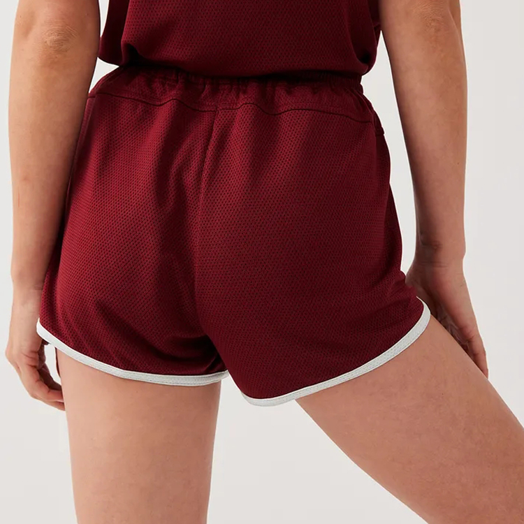 OEM Mesh Fabric Contract Piping Adjustable Waist Women Athletic Gym Running Shorts detail pictures