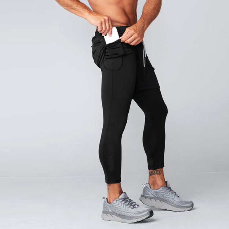 High Quality Quick Dry Drawstring Waist Custom Black 2 IN 1 Gym Shorts Leggings For Men detail pictures