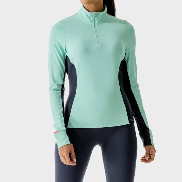 High Quality Color Block Polyester Front Quarter Zipper Women Fitness T-Shirt Custom Printing detail pictures