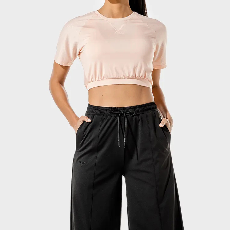 Wholesale Sweat Wicking Elastic Bottom Mesh Panel Custom Fitness Crop T Shirts For Women
