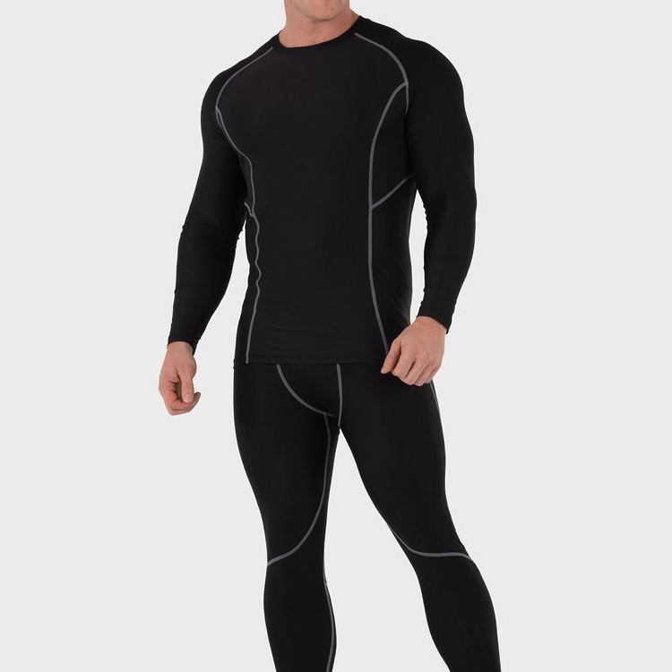 Anti-Pilling Contrast Stitching Men Plain Compression Gym Long Sleeve T Shirt Custom Printing detail pictures