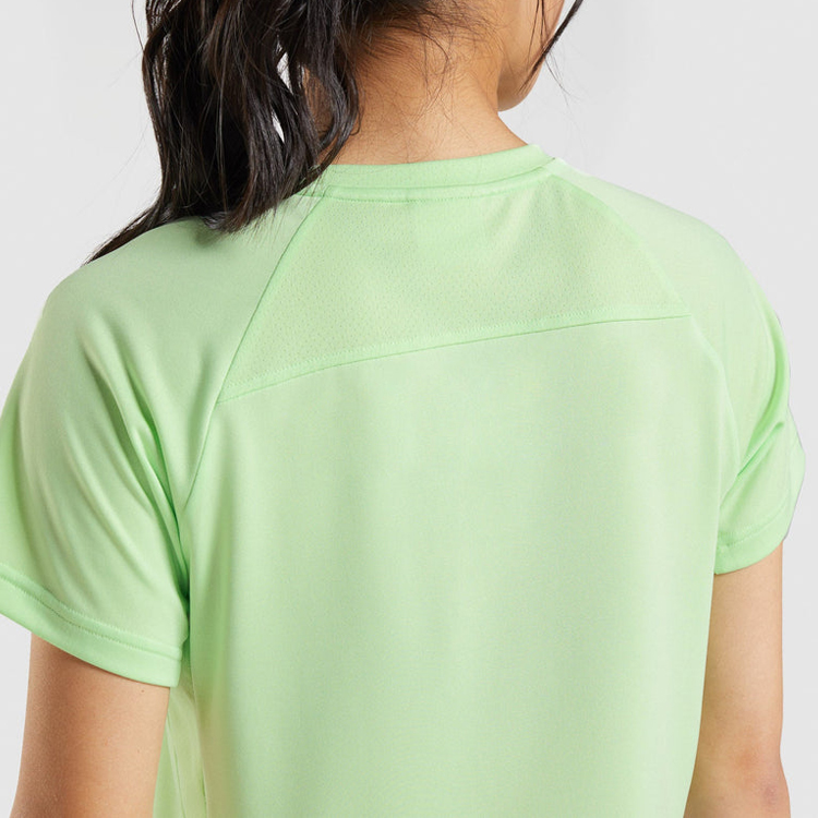 High Quality Back Mesh V Neck Crop Gym Polyester T Shirts Custom Printing For Women detail pictures