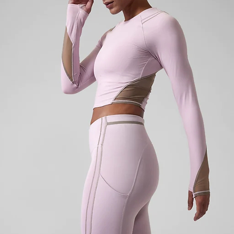 Back Mesh Fabric Thumb Hole Women Sports Crop Long Sleeve T Shirts Custom Printing detail pictures