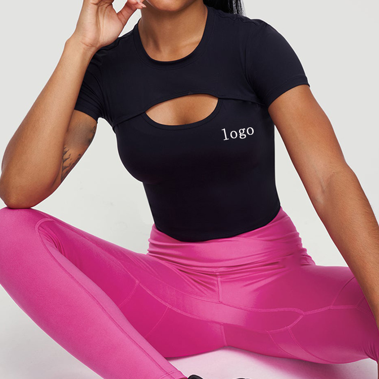 Wholesale Front Hollow Out Custom Logo Blank Fitted Crop Gym T Shirts For Women detail pictures