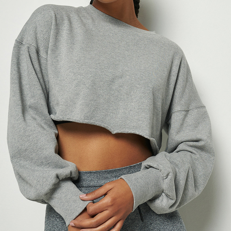 Drop Shoulder Raw Hem 100% Cotton Oversized Crop Plain Sweatshirts For Women detail pictures
