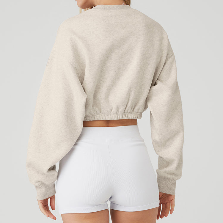 Wholesale Fleece Cotton Custom Elastic Bottom Crew Neck Crop Plain Sweatshirts For Women detail pictures