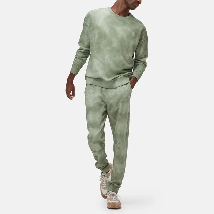 Latest Fashion Trendy Wholesale Custom Embroidery Logo Men Crewneck Tie Dye Two Piece Jogging Sweatsuit Set