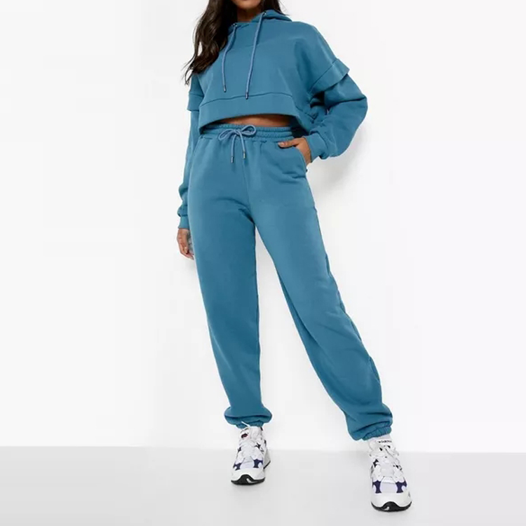 Custom 80%Cotton 20%Polyester Fleece Inside Jogging Set Crop Tracksuit For Women