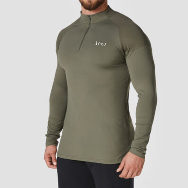 Custom High Quality Athletic Front 1/4 Zipper Long Sleeve Slim Fit Gym T Shirts For Men