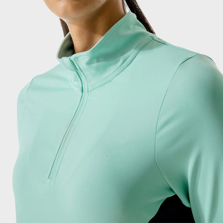 High Quality Color Block Polyester Front Quarter Zipper Women Fitness T-Shirt Custom Printing detail pictures