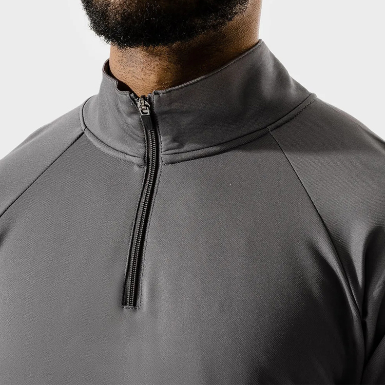 High Quality Quick Dry Polyester Quarter Zipper Long Sleeve Gym Plain T Shirts For Men detail pictures