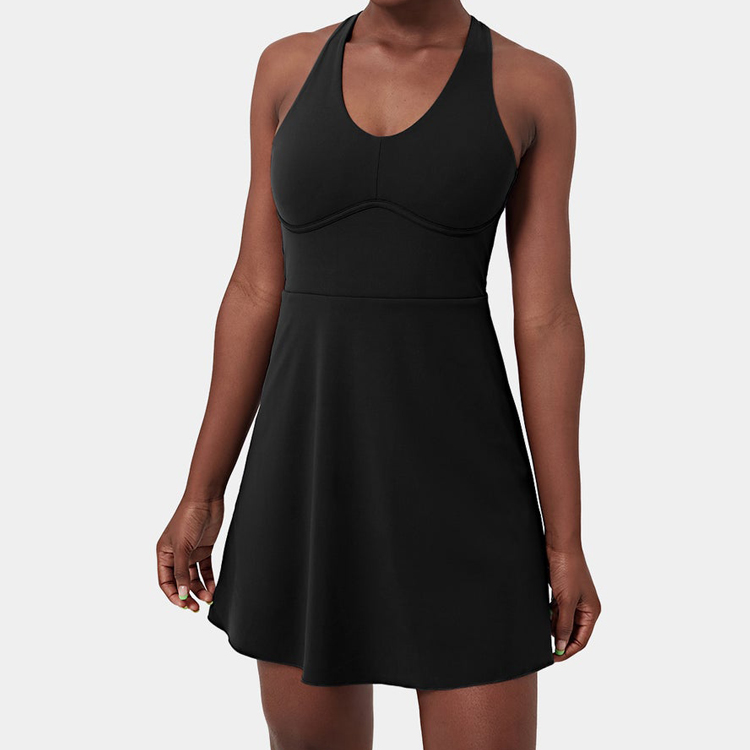 Fashion Design Gym Tennis Skirts U-Neck Cross Key Hole Back Women Activity Tennis Dress detail pictures