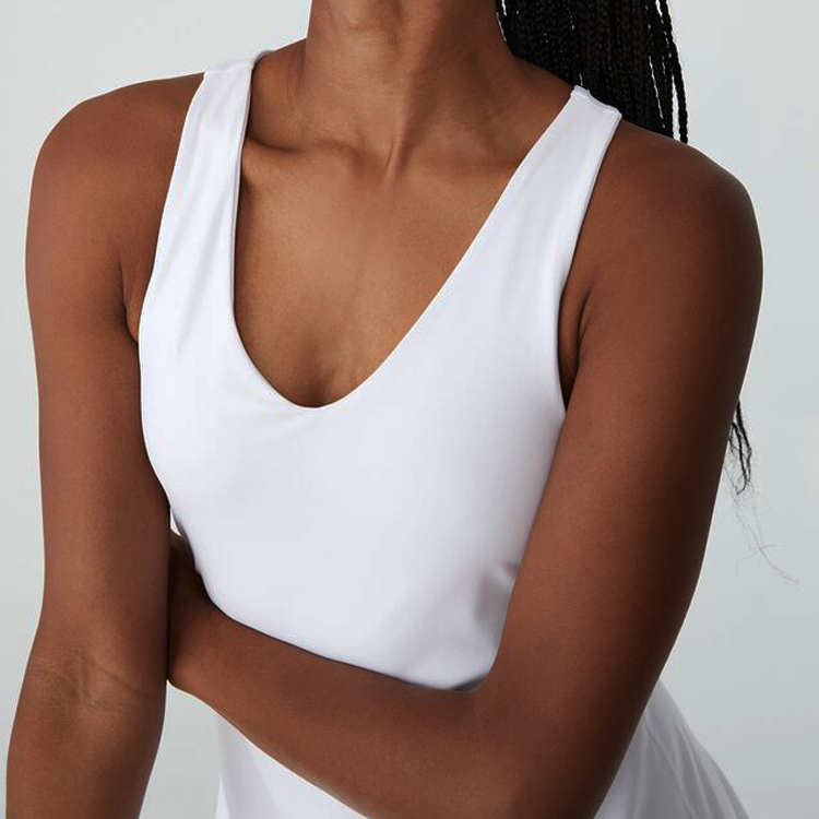 New Arrivals Custom Stretchable V Neck Tennis Skirts Racer Back Tennis Dress For Women detail pictures