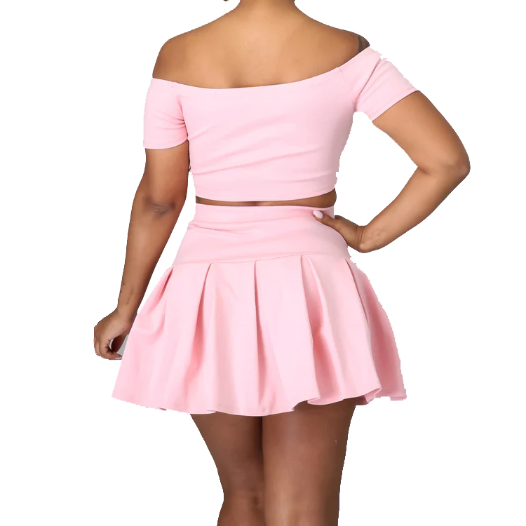 Factory Hot Sell Two Pieces Off Shoulder Crop Top Women Pleated Tennis Skirts Set detail pictures