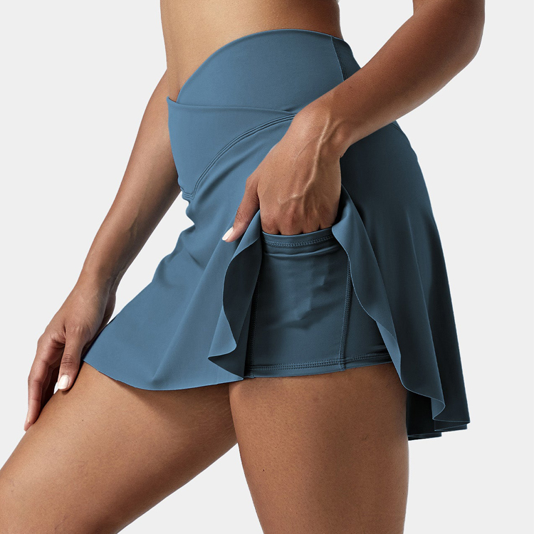 Fashion Athletic Tennis Dress Custom Crossover Side Pocket 2 In 1 Tennis Skirts For Women detail pictures