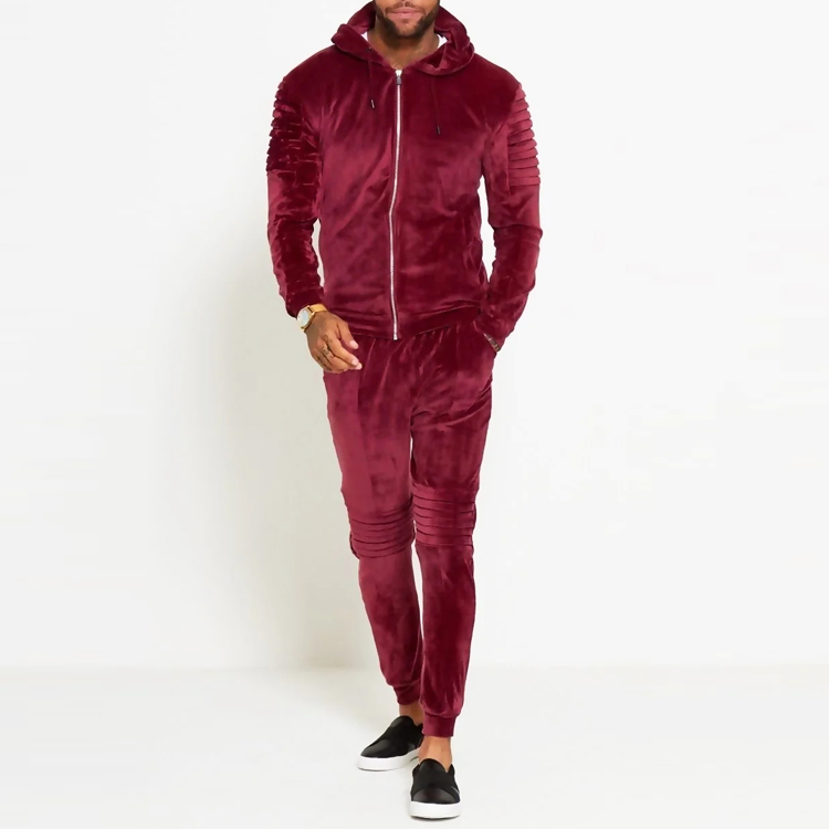 Wholesale Winter Sweatsuit Biker Ribbed Padding Men Slim Fit Velvet Tracksuit Set