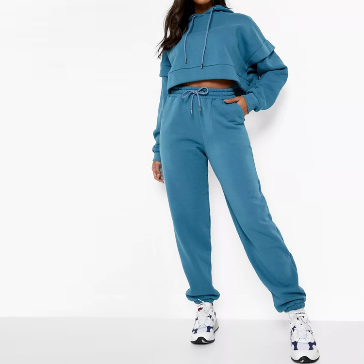 Custom 80%Cotton 20%Polyester Fleece Inside Jogging Set Crop Tracksuit For Women detail pictures