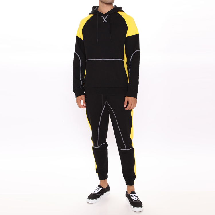 Wholesale Custom Sportswear Cotton Hoodie Sweatsuits Mens Gym Clothes Color Block 2 Pieces Jogger Tracksuit Set