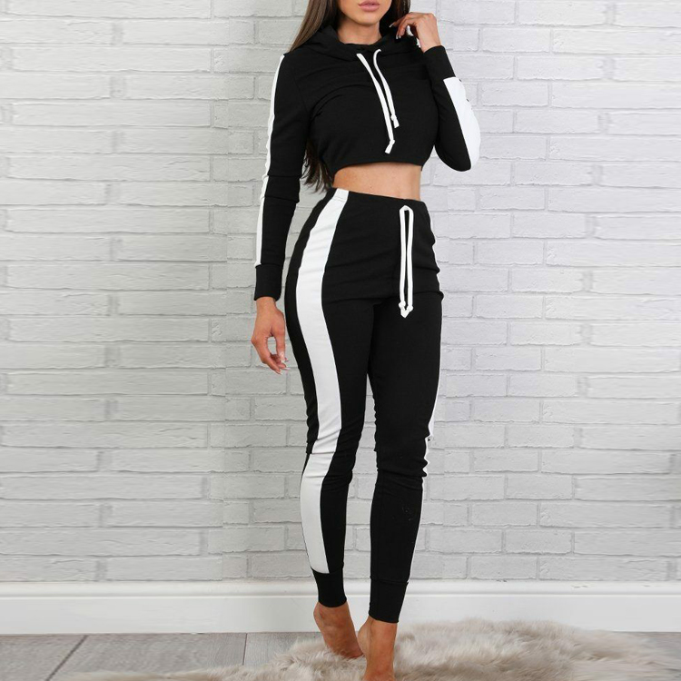 Wholesale Customized Sweatsuits Side Color Block Crop Tops Jogging Set For Women