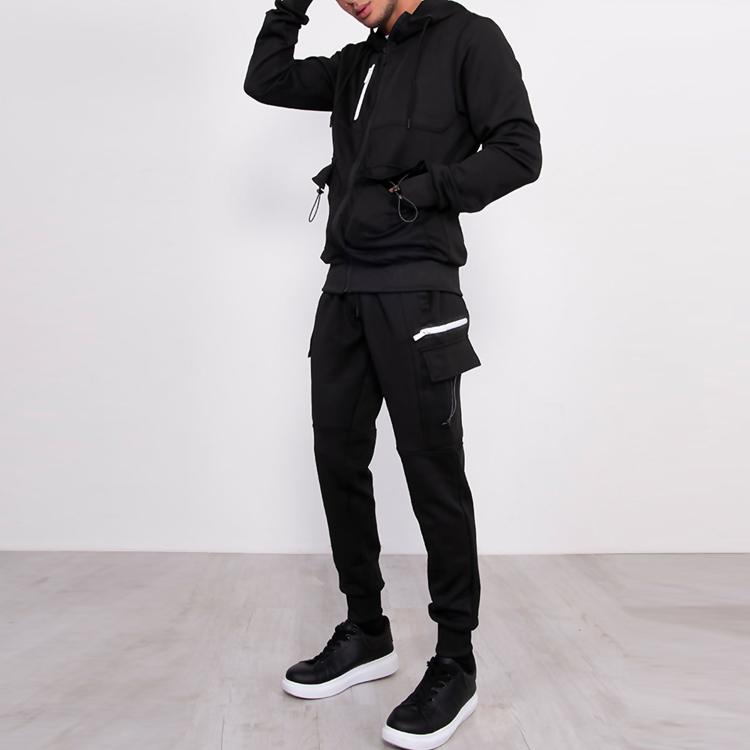 Best Selling Custom Utility Pocket Blank 2 Pieces Sweatsuit Full Zip Tracksuit For Men detail pictures