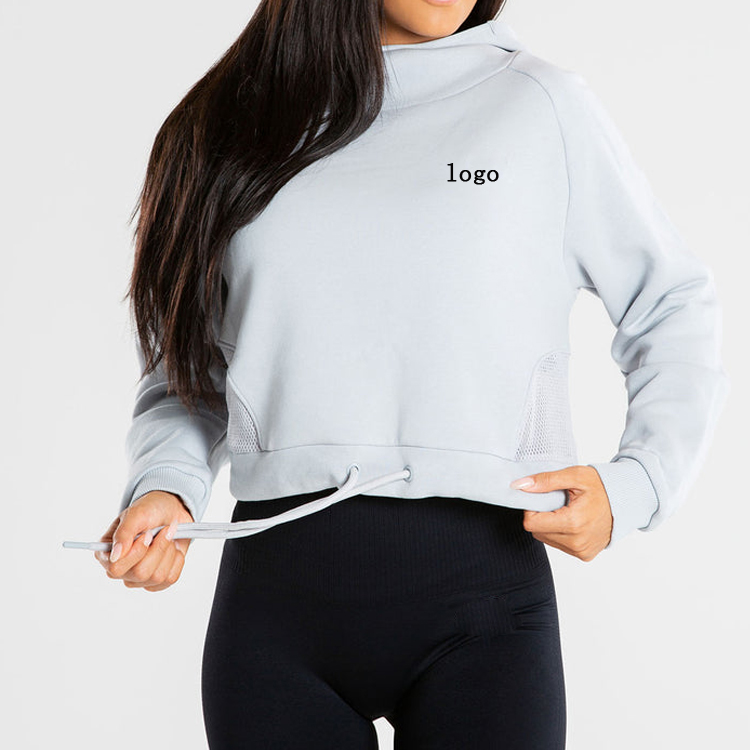 Back Mesh Drawstring Bottom Custom High Neck Women Crop Workout Gym Cotton Hoodies