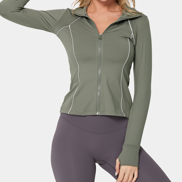 Top Quality Custom Funnel Neck Hole Thumb Contrast Trim Zip Up Sports Jacket For Women