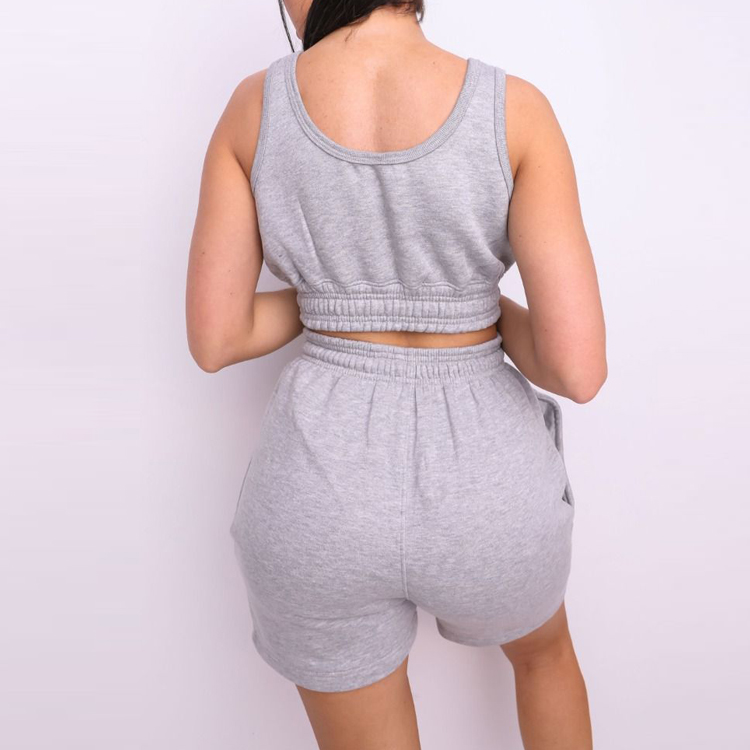 High Quality Soft Cotton Scoop Neck Sleeveless Crop Top Shirred Jogger Shorts Tracksuit Set detail pictures