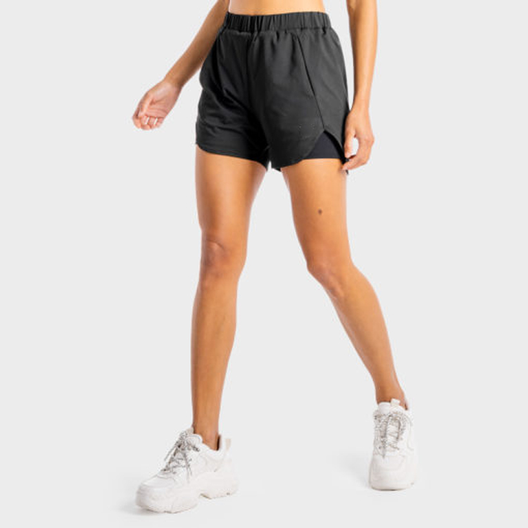 Best Sell Custom Logo Polyester Mesh Fabric Elastic Waist Women 2 In 1 Sports Gym Shorts detail pictures