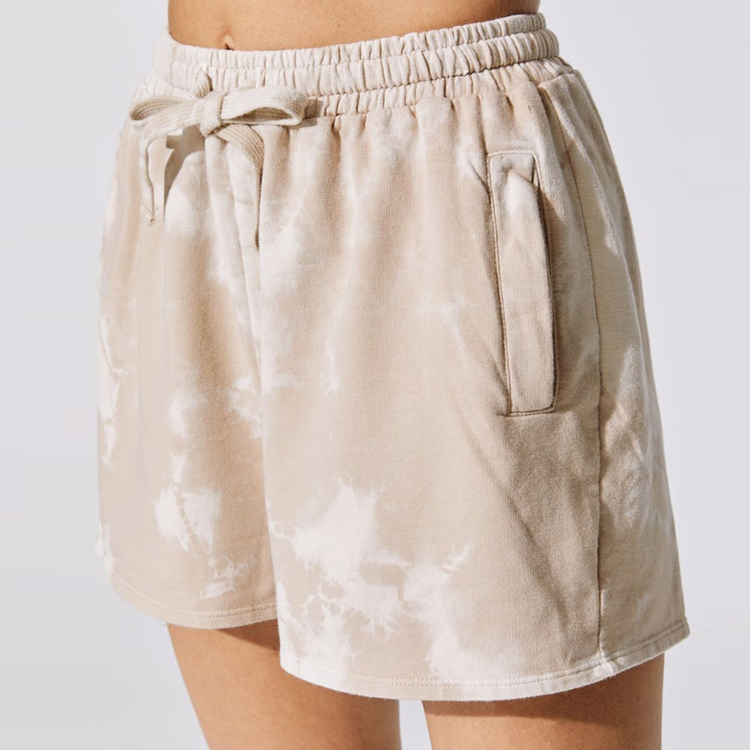 Wholesale Soft French Terry Cotton Drawstring Waist Custom Tie Dye Sweat Shorts For Women detail pictures