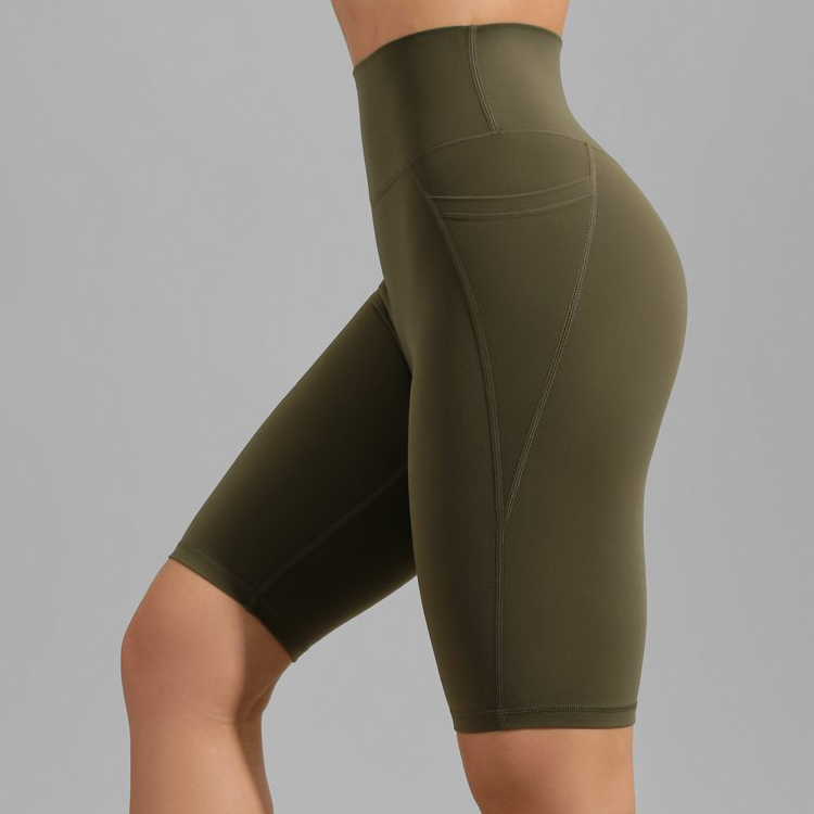 High Stretch Polyester No Front Seam Pocket Biker Yoga Shorts Custom Logo For Women detail pictures