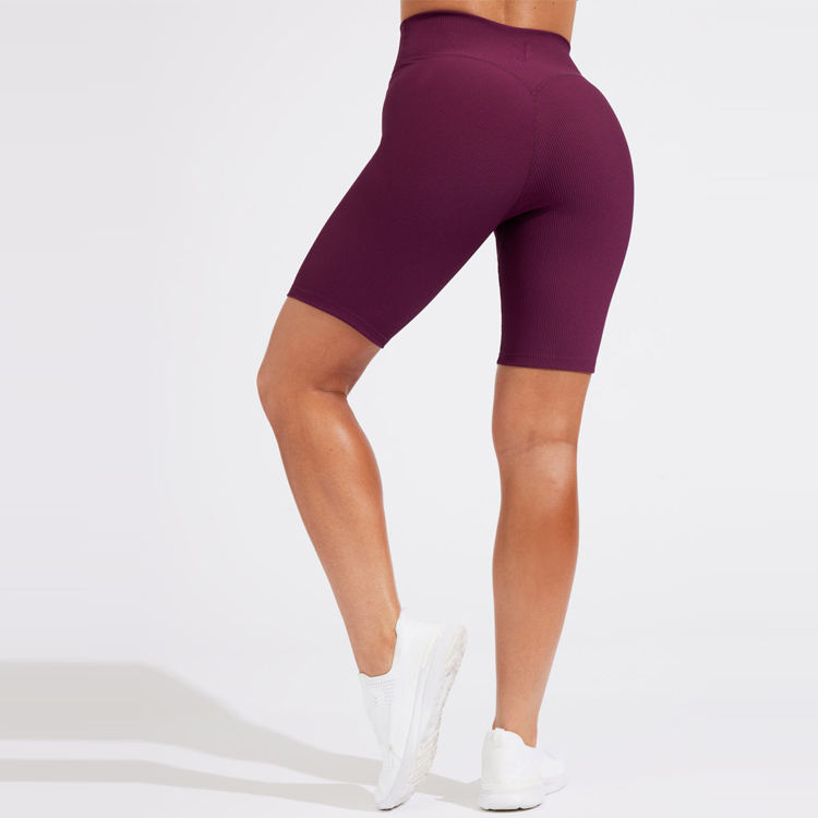 Custom Four Way Stretch No Front Seam Women High Waist Ribbed Yoga Biker Shorts detail pictures