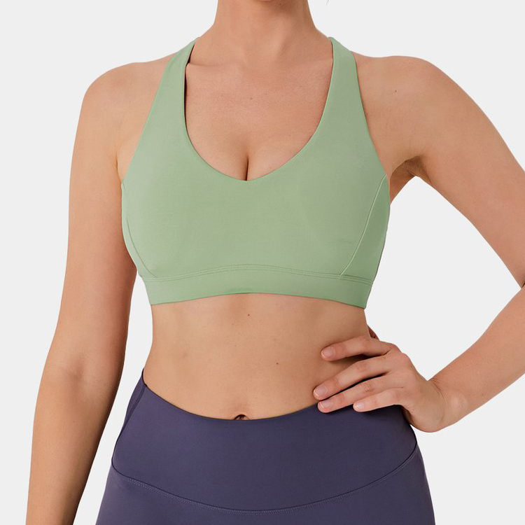 Custom Logo Sweat-Wicking Four Way Stretch Women V Neck Racer Back Sports Bra