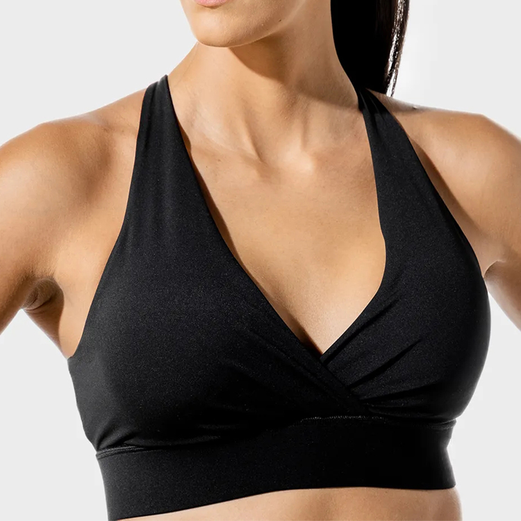 High Rise Four Way Stretch Nylon V Neck Adjustable Strap Women Wrap Sports Yoga Bra detail pictures