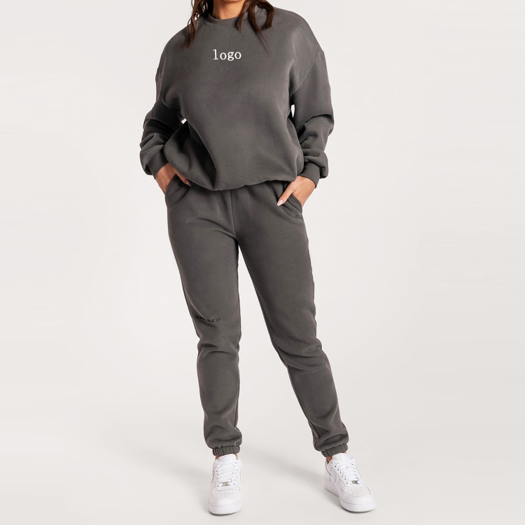 Custom 100% Fleece Cotton Crew Neck Sweatsuit Unisex Jogger Tracksuit Set For Women