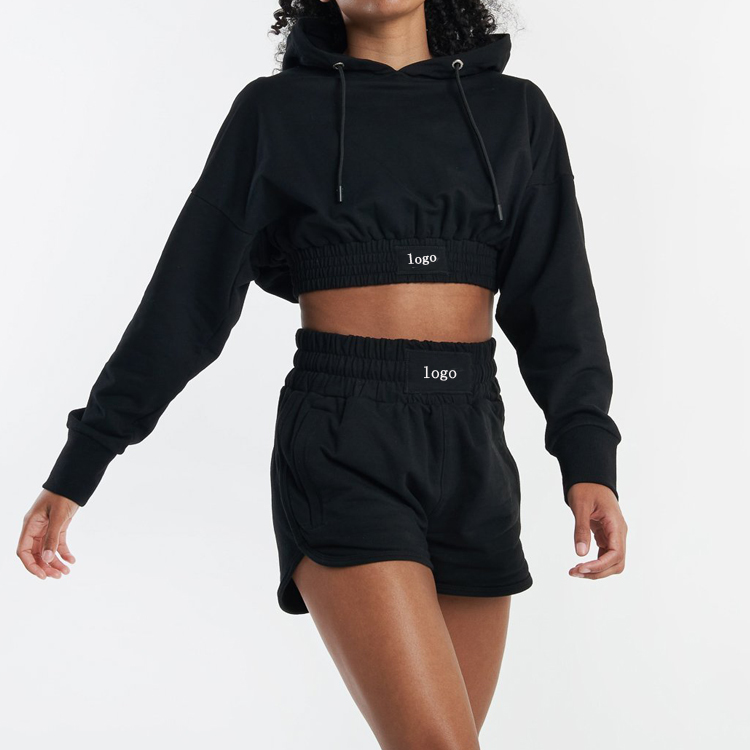 50 Cotton 50 Polyester Custom Crop Hoodies Shorts Women Sweatsuit Set Tracksuit detail pictures
