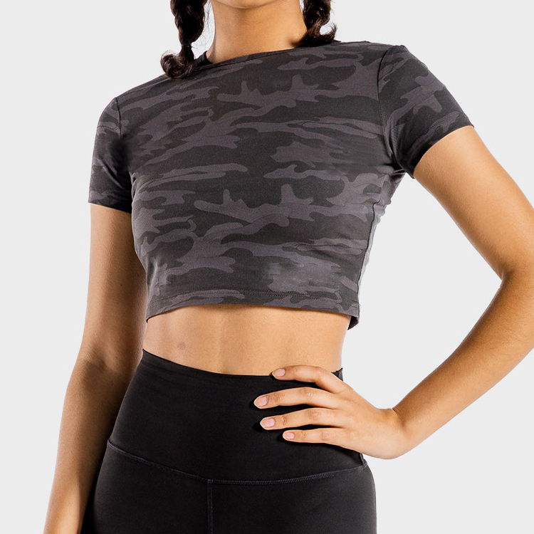 Custom Fitness Gym Shorts Sleeve Camouflage Workout Crop T Shirts For Women detail pictures