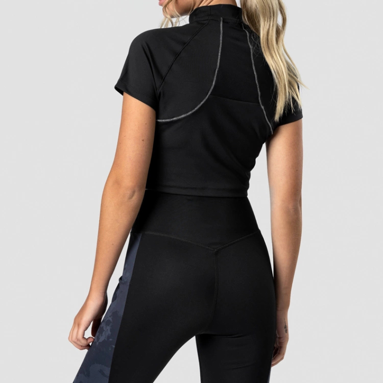 Contrast Stitching High Neck Cotton Plain Crop T Shirts Custom Printing For Women detail pictures