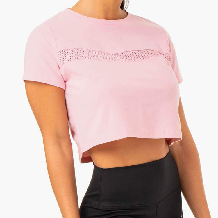 High Quality OEM Mesh Panel Yoga Gym Clothes Short Sleeve Crop Top Plain Pink T Shirts For Women