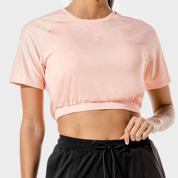 Wholesale Sweat Wicking Elastic Bottom Mesh Panel Custom Fitness Crop T Shirts For Women detail pictures