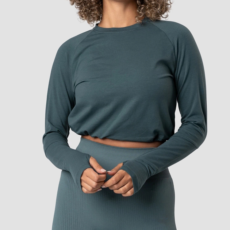China Factory OEM High Quality Custom Drawstring Bottom Women Plain Crop Top Long Sleeve Gym T Shirts With Thumb Hole