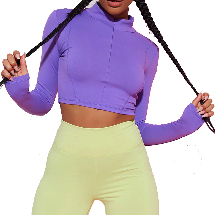Custom Half Zipper Slim Fit Long Sleeve Gym Crop Top Fitness T Shirt For Women detail pictures