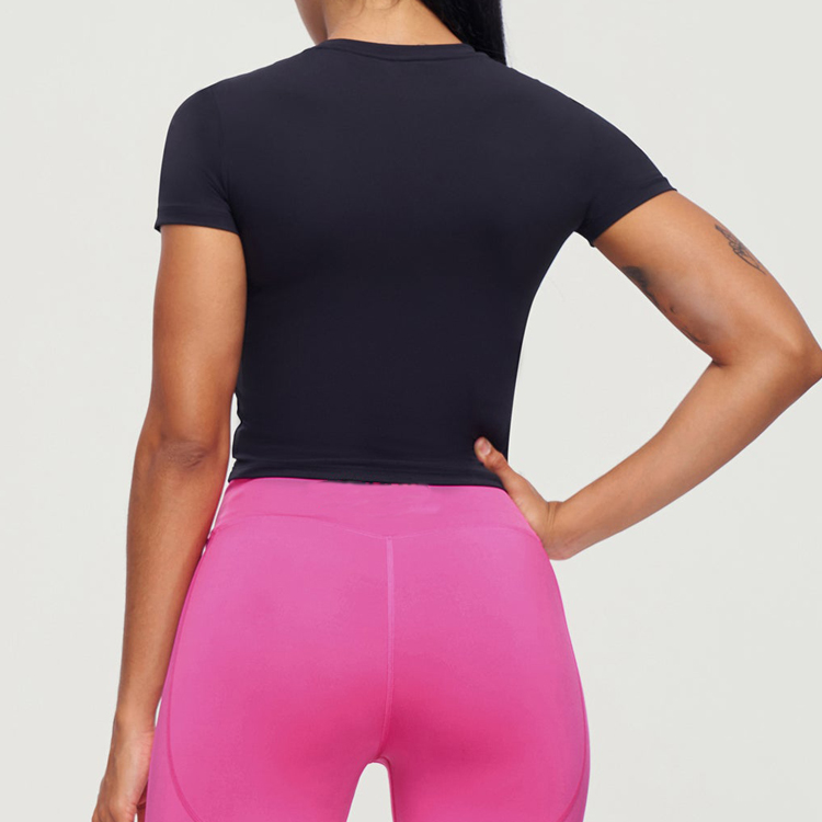 Wholesale Front Hollow Out Custom Logo Blank Fitted Crop Gym T Shirts For Women detail pictures