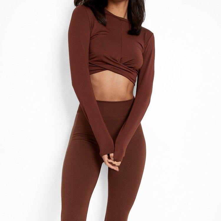 Low price for Down Vest -
Custom Logo Printing Twist Front Active Long Sleeve Fitness Crop Top Gym T Shirts For Women – AIKA detail pictures