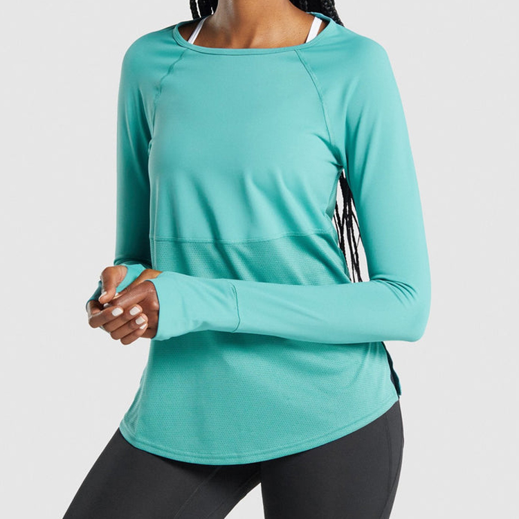 Custom Mesh Bottom Women Gym Fitness Long Sleeve Plain T Shirts With Thumb Hole